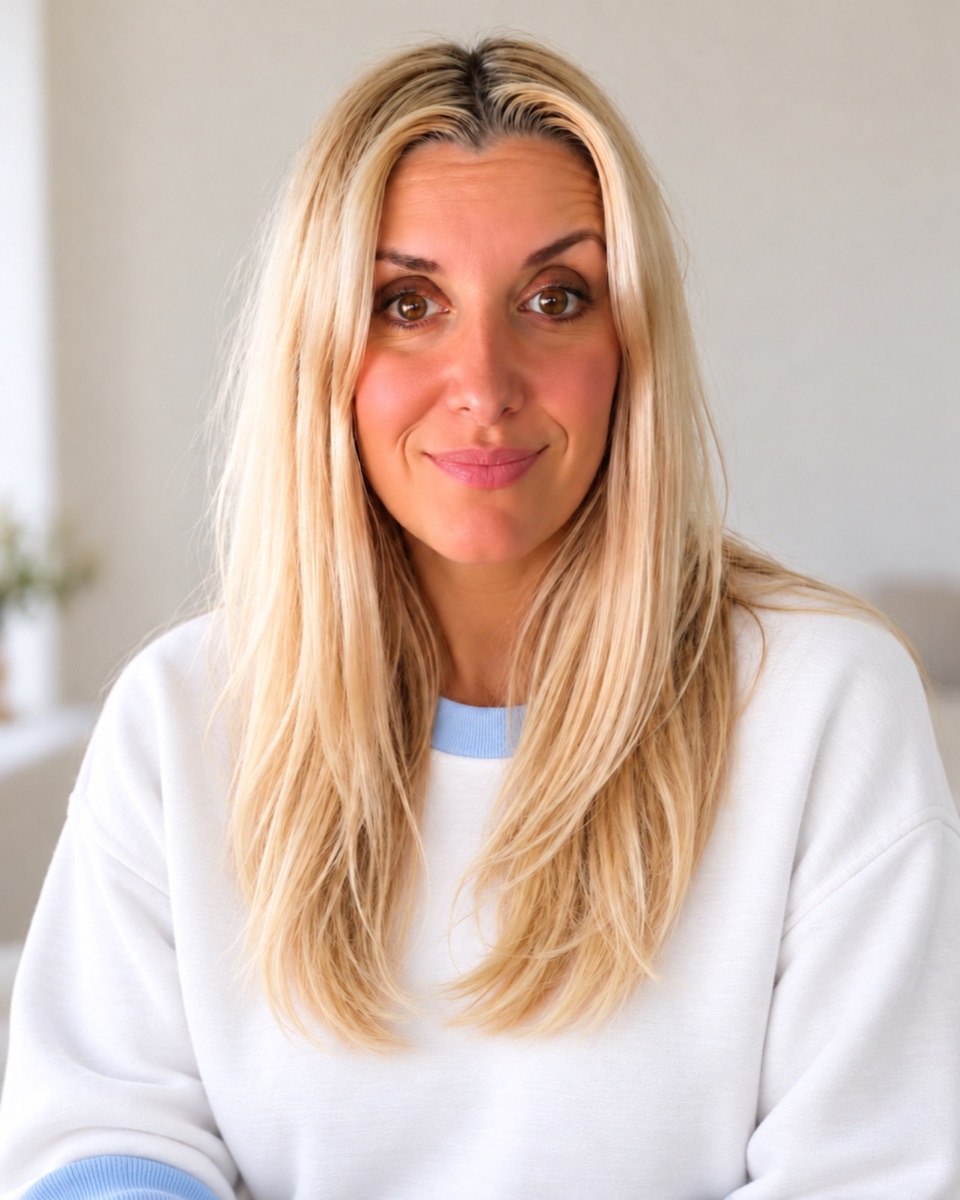 Alejandra, fundadora de QuantikaSEO, con sudadera blanca y detalles celestes