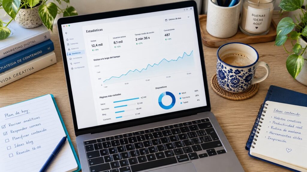 Servicios SEO: panel de estadísticas de visitas de una web en un portátil